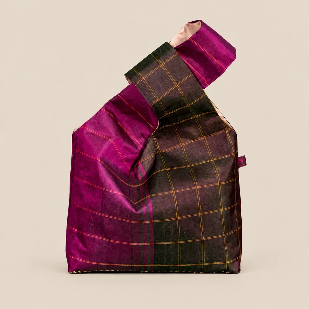 Plum Check Mina silk knot bag