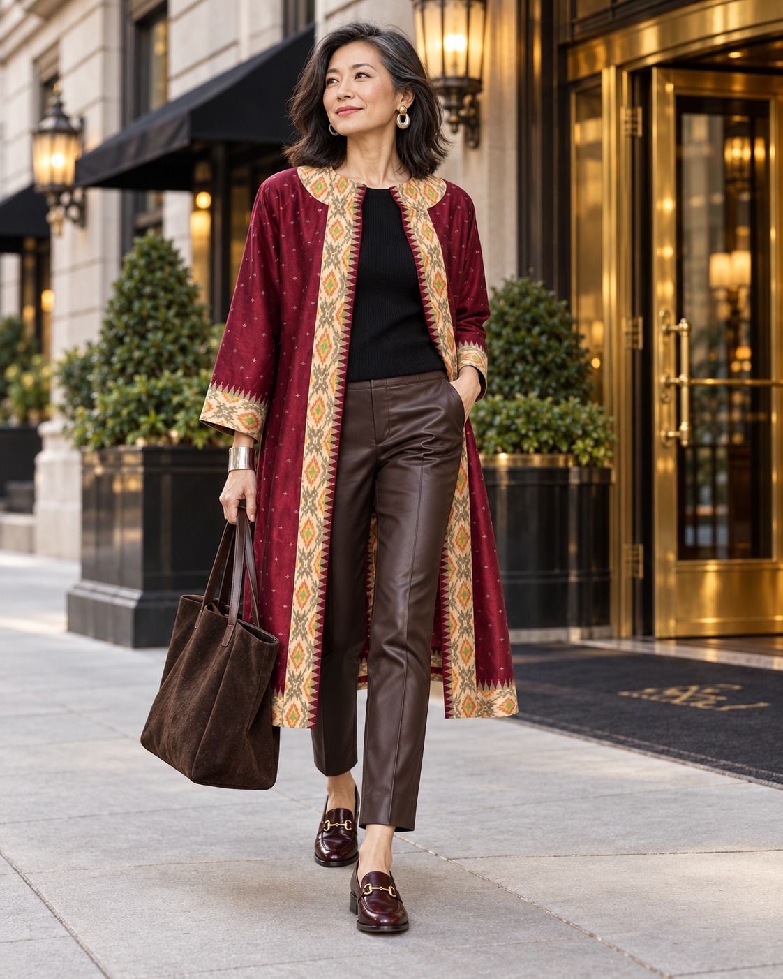 AI-generated styling: maroon ikat Amara with a black knit, brown leather trousers and loafers.