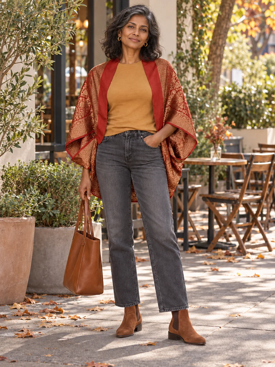 Red and gold Anjali shrug styled with a mustard top, charcoal jeans, tan ankle boots, and a brown tote outside a café
