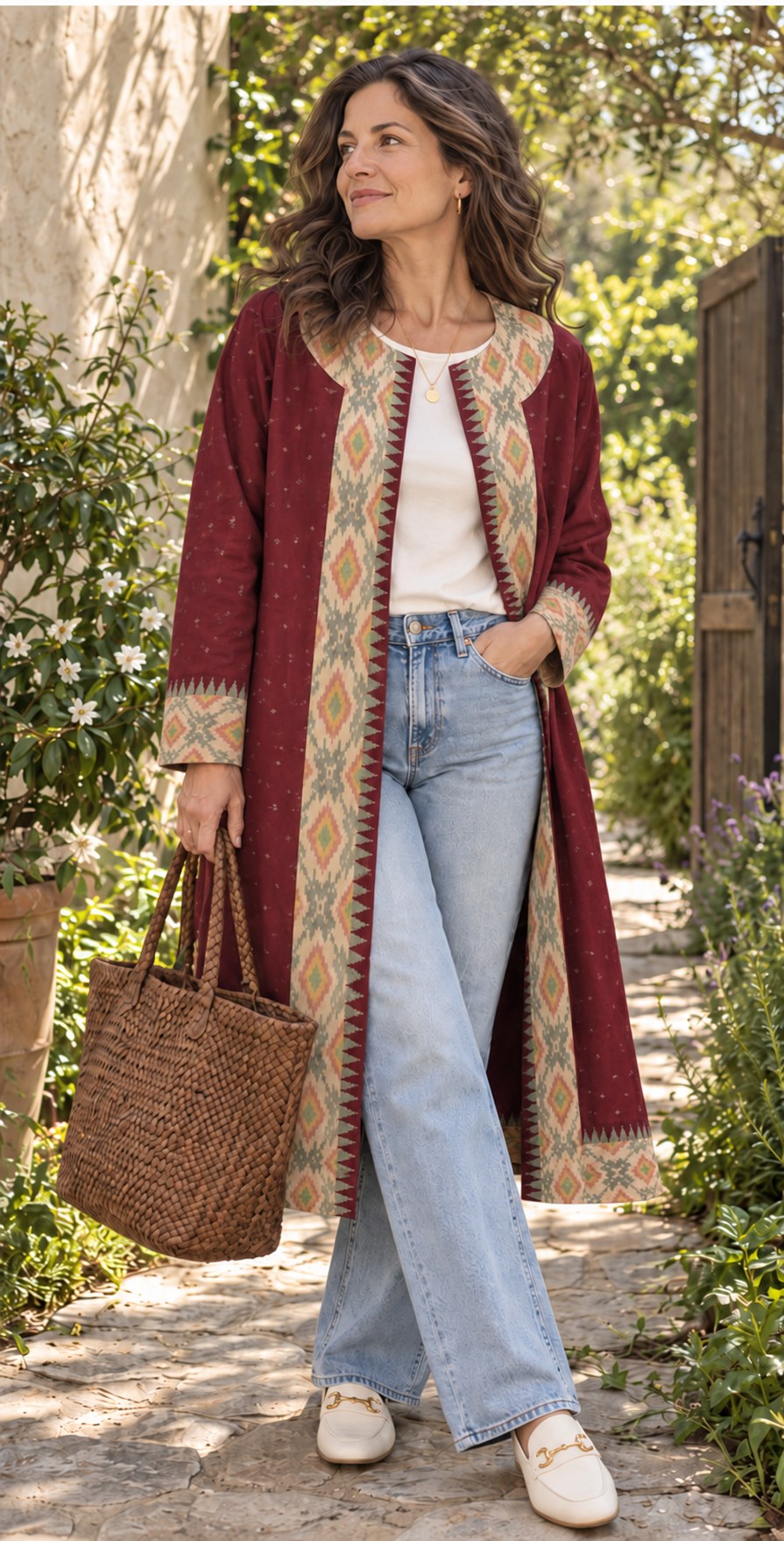 Amara maroon ikat jacket styled with jeans on an AI-generated model