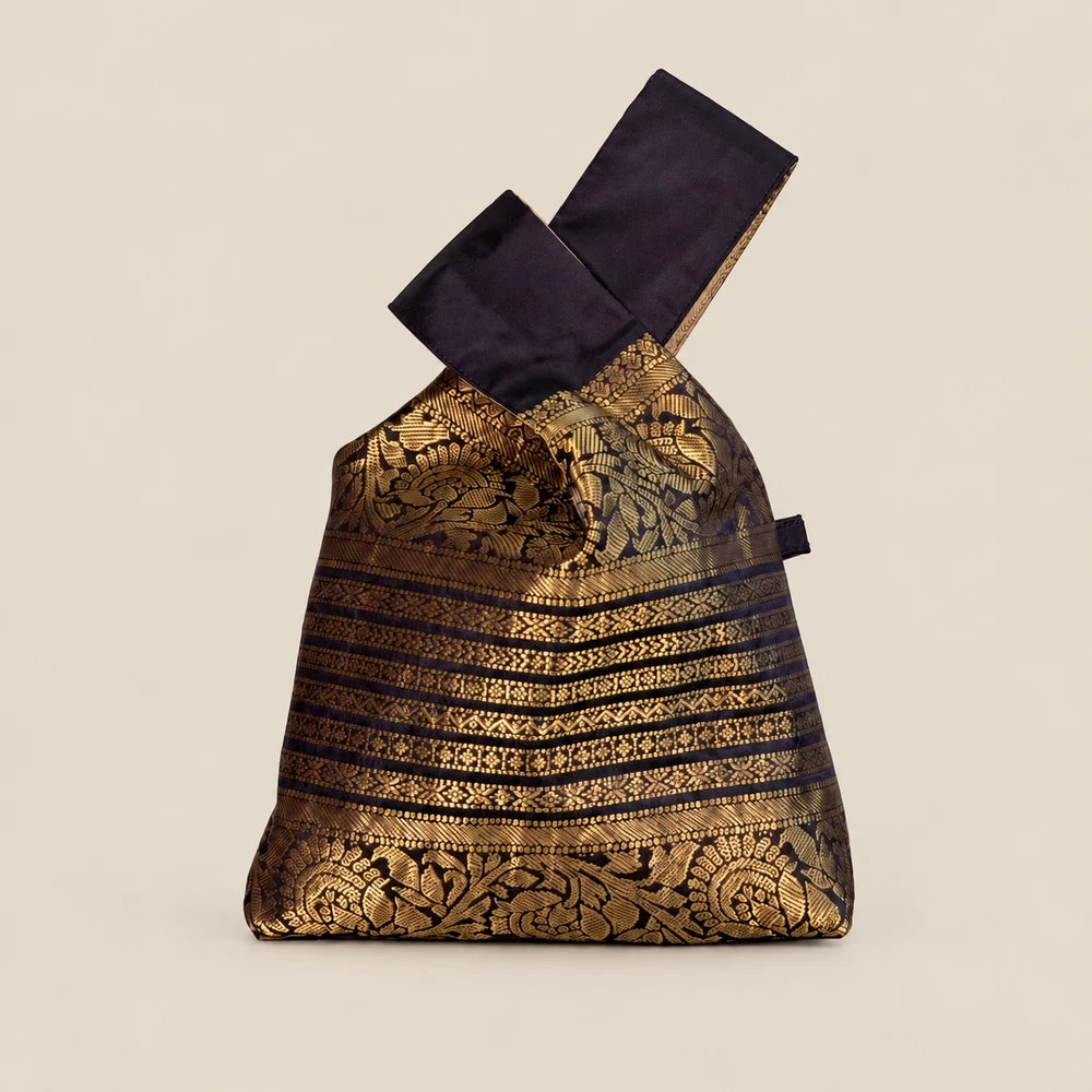 Dark Plum & Gold Mina silk knot bag